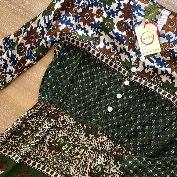 RAGA | Bohemian Mixed Paisley Print Henley Romper Green Brown Mix, Small NWT - Picture 4 of 5